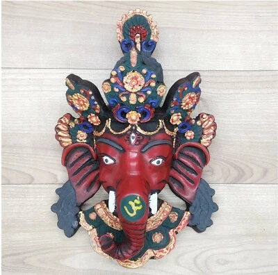 Ganesha Mask 8" with Painting Work Wall hanging Sculpture wall Decor Religious - Image 1 of 4