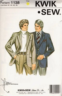 Men's Sport Coat Kwik Sew Sewing Pattern 1138 Sizes 42 to 48 UNCUT - Image 1 of 2