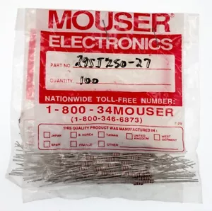 ~100 piezas 1/4 W (0,25 vatios) 27 ohmios ±5 % resistencia de película de carbono mouser 29SJ250-27 NOS - Imagen 1 de 1