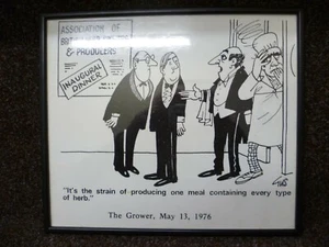 A FRAMED SATIRICAL PRINT By 'GUS' FROM 'THE GROWER' MAGAZINE, MAY 1976 ISSUE. - Picture 1 of 9