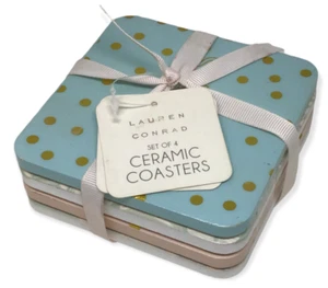 Ceramic Coasters LC Lauren Conrad Set 4 Polka Dots Blue Pink Wine Cheers NEW - Picture 1 of 4