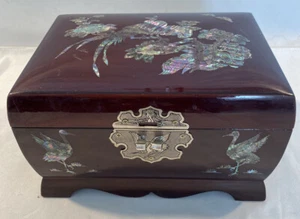 Jewelry Box Glazed Wood w Inlaid Faux Mother of Pearl Design 2 Tier Red Velvet L - Picture 1 of 9