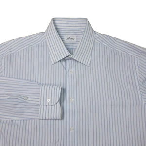 Brioni Mens Large White Blue Striped Button Up Dress Shirt Made In Italy - Picture 1 of 7