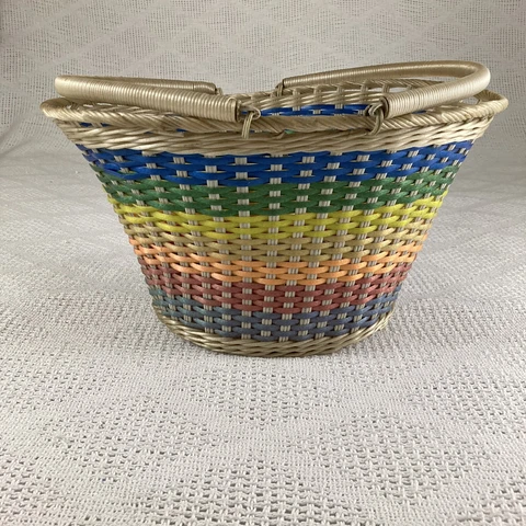 Plastic Woven Basket Vintage Multicolor Rainbow Oval 2 Handles Made in Japan Cover