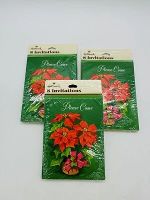 Lot of 3 Sets of 8 Vintage New Old Stock Holiday Poinsettia Invitations - Image 1 of 4