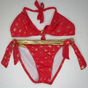 Guess Bikini Swimsuit Small-Bottom Medium-Top Red Tie Triangle Gold Logo - Picture 1 of 5