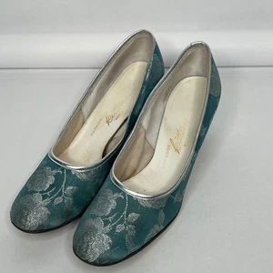 Women's Paradise Kittens Kitten Shoes Vintage Aqua Silver 1950s 1960 Dyed 9 AA - Picture 1 of 9