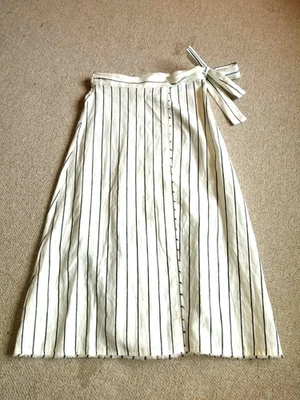 Mujer Falda-MANGO-marfil/azul marino rayas lino flecos ribete envoltura midi BOHO costero-2 Foto 1 de 4