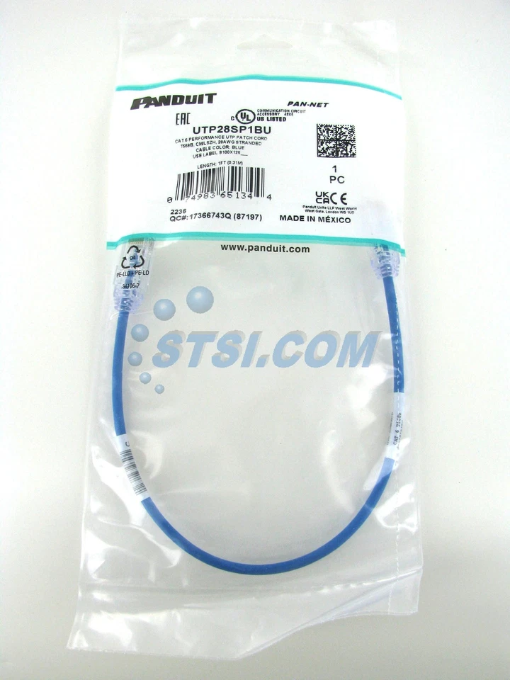 Panduit UTP28SP1BU Cat6 28awg Network Patch Cable, 1 Ft Blue ~STSI - Image 1 of 1