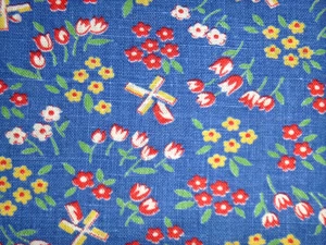 Vtg Feedsack Fabric Full Open Windmills Daisies Tulips Blue Background 37x46.5" - Picture 1 of 4