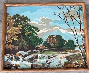 Vintage Mid Century Malen nach Zahlen Berg Fluss Birke Landschaft Eiche Rahmen 21x17 - Bild 1 von 7
