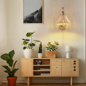 WINGBO Wall Sconce Rattan Wrapped Wall Lamp, Adjustable Swing Arm Gold Wall Ligh - Picture 1 of 10