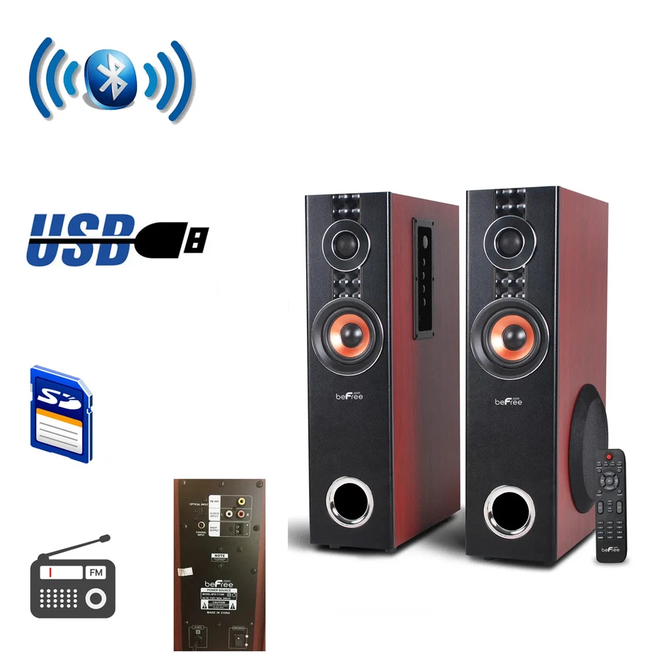 Altavoces de torre de madera dobles Bluetooth alimentados por 2.1 canales beFree Sound con óptica Foto 1 de 1