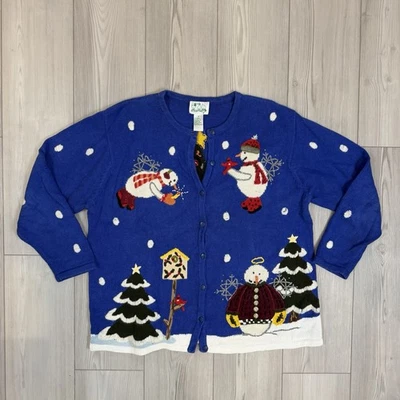 The Quacker Factory 1X Blue Christmas Holiday Cardigan Sweater Snowmen Angels - Image 1 of 4