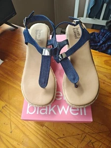 Lauren Blakwell NWOT Denim T-Strap Thong Wedge Espadrille Sandals Size 8M - Picture 1 of 10