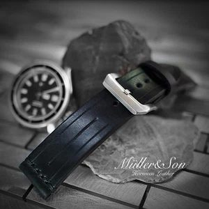 Müller&Son Genuine Horween Leather 20mm [Black Watch Strap] Custom Made in USA - Picture 1 of 9