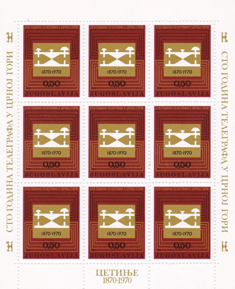 CENTAVO YUGOSLAVIA #1032 MNH. SERVICIO DE TELGRAFÍA EN MONTENEGRO HOJA DE 9 Foto 1 de 1