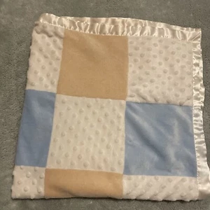 Sandra Messages from the Heart Blue Tan White Minky satin squares Baby Blanket - Picture 1 of 7