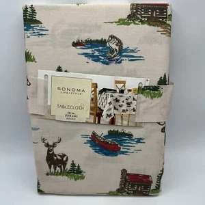 Kohls Sonoma Tablecloth Cabin Lodge Deer Bear Fishing 70 in Round - Picture 1 of 5