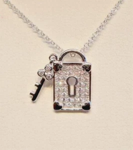 New .925 Sterling Silver/Dia 'LOCK & KEY' Pendant w/Chain - Picture 1 of 2