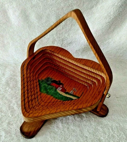 Vintage Hand Painted Folding Collapsible Wooden Heart Shaped Bowl Basket Cover