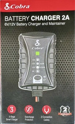 Cargador de Batería Cobra 2A-6V/12V Cargador de Batería y Mantenedor 2 Cable de Conexión Foto 1 de 4