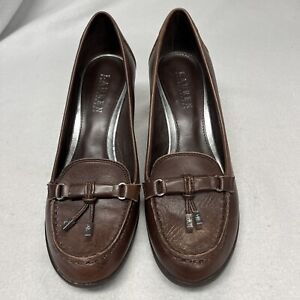 Ralph Lauren RORY Brown Leather Horsebit Tassel Slip-On WEDGE HEEL Shoes 9B