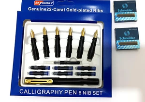 KALLIGRAFIE FÜLLFEDERHALTER SET 6 FEDERN 1,9mm,1,5mm & 1,1mm MEISSELFEDER TINTENWANDLER - Bild 1 von 3