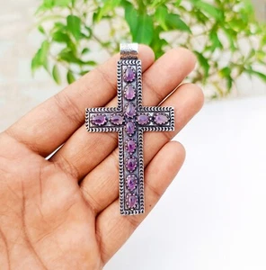 Amethyst Cross Pendant 925 Sterling Silver Handmade Gemstone Jewelry 2.83" - Picture 1 of 4