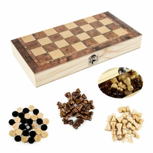 3in1 FOLDING WOODEN CHESS SET Board Game Checkers Backgammon Draughts Large - Picture 1 of 9