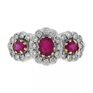 9K Two Tone Gold Ruby and Diamond Art Deco Style Three Stone Ring - Picture 1 of 11