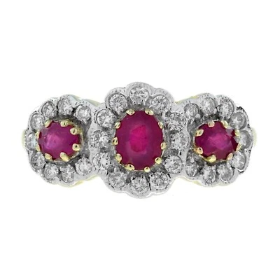 9K Two Tone Gold Ruby and Diamond Art Deco Style Three Stone Ring - Image 1 of 4