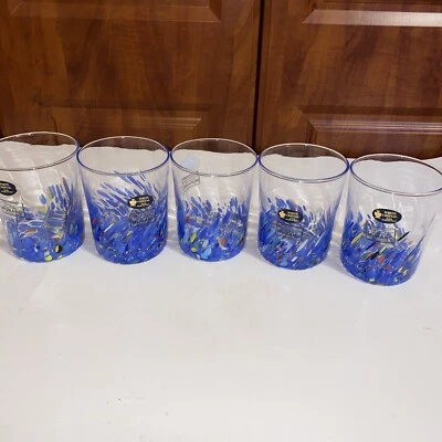 Murano White Cristal Blue Confetti Glass Tumblers Whiskey Water Hand Made Italy - Image 1 of 4