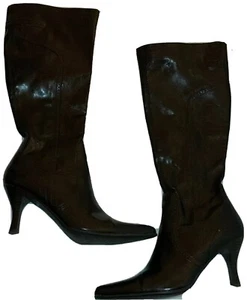 Etienne Aigner Sz 7.5 Brown Faux Leather Knee High Stiletto Womens Boots 3” Heel - Picture 1 of 11