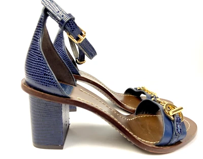 Tory Burch Navy Blue Leather Gold Buckle Block Heels Open Toe Sandals Sz US 6M - Image 1 of 4