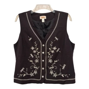 Chaleco Talbots Mujer M Negro Bordado Libélula Floral Concha Botones Rayón Lino - Imagen 1 de 11