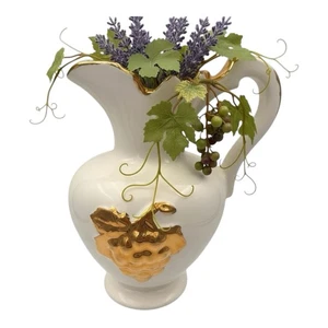 Vintage Künstler signiert M L Boone Keramik Wasserkrug erhabene Trauben aufgetragen Gold - Bild 1 von 11