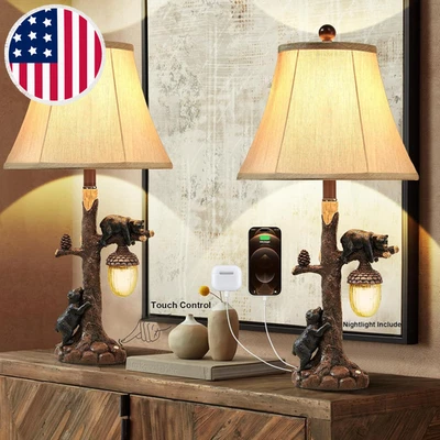 Rustic Western Bear Table Lamp with Nightlight Set of 2, 26“ Rustic Bedside Lamp - Image 1 of 4