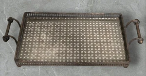 Vintage Metal Tray Mirror Glass Design Bottom Scroll Handles Ball Legs 18.75" L - Picture 1 of 8