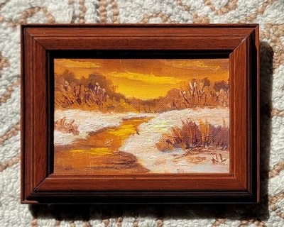 Pintura al óleo rara de NELL LATHAM de los años 60, amanecer de invierno en un arroyo de Texas, 6x7 enmarcado Foto 1 de 4