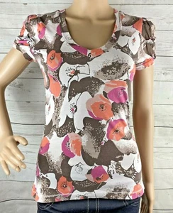 Camisa MixIt XS Naranja Rosa Marrón Blanco Estampado Floral Mangas Hinchadas Cuello en V - Imagen 1 de 12
