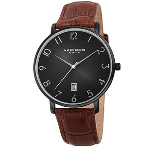 Reloj Hombre AK1077BK Cuarzo Clásico Fecha Gunmetal Estilo Cocodrilo Cuero Marrón - Imagen 1 de 5