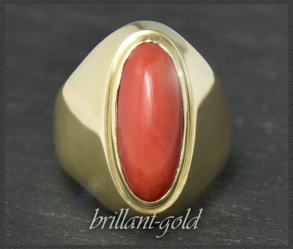 Damen Ring aus 585 Gold mit rotem Koralle Cabochon, Vintage Bandring - Bild 1 von 4
