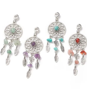 Set of 4 DREAMCATCHER gemstone & feather dangle charm pendants on bails - Picture 1 of 4