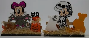 Disney Halloween 7" Mickey Minnie Maus Skelett Werwolf Holz Tischplatte Schilder - Bild 1 von 3