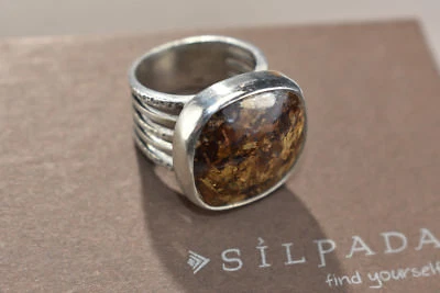 SILPADA 925 Sterling Silver Bronzite Stone Ring  Size 8 Brown Gold Flecks R1738 - Image 1 of 4