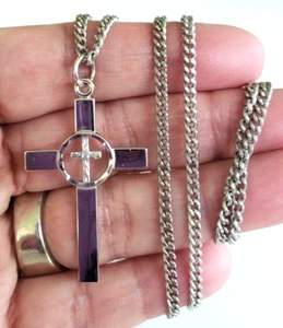 Vintage Theda Stainless Silver Tone Cross Pendant Necklace 24" Claspless - Picture 1 of 6