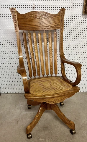 Vintage American Golden Oak Oak Crest Brand Roll Top Office Desk Chair Swivels Cover