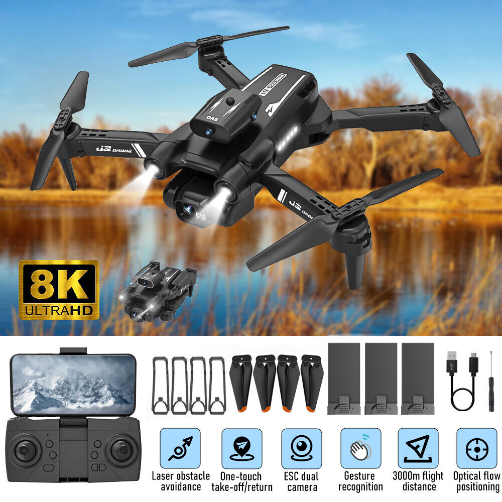 2023 New RC Drone 8K HD Dual Camera WiFi FPV GPS Foldable Quadcopter +3 Battery