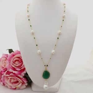 GE090606 26'' White Rice Pearl Green Crystal Chain Necklace Keshi Pearl Pendant